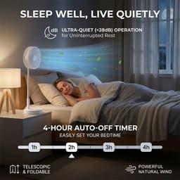 Opvouwbare Statiefventilator - Draadloze Ventilator met Afstandsbediening - 9000mAh Accu - USB-C Oplaadbaar - 4 Snelheden - Oscillatie 55° - Timer 1-4 uur - Wit — thumbnail 4