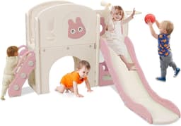 Kinderglijbaan met klimrek, 6-in-1 kinderglijbaan met telescoop, basketbalmand, platformgang, kinderspeelplaats, glijbaanlengte 160 cm (roze) — thumbnail 2