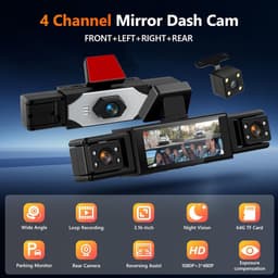 SnelShoppen - 4-Kanaals Dashcam Achteruitkijkspiegel 3.16 Inch, 1080P Auto Recorder met 4 Camera's, Nachtzicht, Bewegingsdetectie, Parkeerhulp + 64GB — thumbnail 5