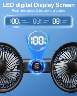 Ulisem - Voorbankventilator - Met zuignap beugel - 3600mAh oplaadbaar - 3 snelheden - Dubbel 5.7 inch kop - 360° roteerbaar - Led display - Stille motor - Voor auto en reizen - Zwart — thumbnail 4