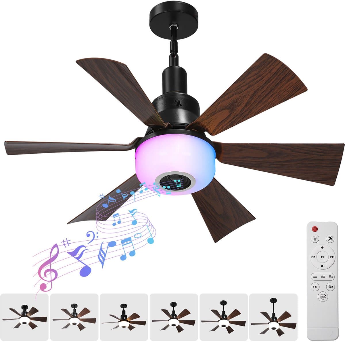 Rosnek E27 Plafondventilator met Verlichting - Inschroefbare Ventilatorlamp met Bluetooth Speaker en RGB Licht - Afstandsbediening - 3 Snelheden - Voor Slaapkamer - Ø52cm — afbeelding 1