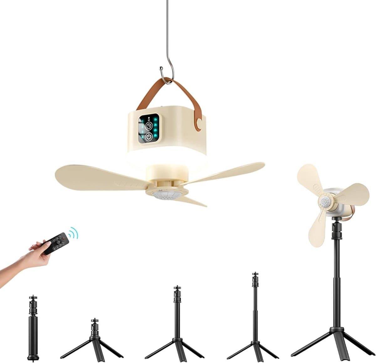2 stuks Tentplafondventilator, campingventilator met 3600 mAh-accu, 2-in-1 staand en hangend ontwerp voor op de camping en in studentenkamers – beige — afbeelding 1