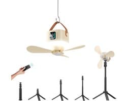 2 stuks Tentplafondventilator, campingventilator met 3600 mAh-accu, 2-in-1 staand en hangend ontwerp voor op de camping en in studentenkamers – beige
