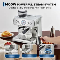 DIMICO - 20 Bar Espressomachine met Koffiemolen en Melkopschuimer - Espressomachines – RVS Koffiemachine 2,8L met Instelbaar Shotvolume voor Espresso, Cappuccino en Latte — thumbnail 3