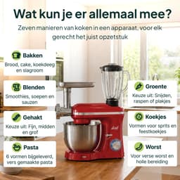 Vivid Green 2000W Keukenrobot - 6.2L - Alles-in-een Keukenmixer - Mixer met Mengkom - Keukenmachine - Gehaktmolen en Blender- Pastamachine – Rood — thumbnail 3