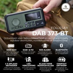 FOLLESA® DAB-373BT Noodradio - Solar Powerbank - 5000mAh - DAB+/FM - Met waterdicht zakje - Noodradio - Opwindbare Survivalradio - Bluetooth & Digitale Wekker - Ideaal voor Noodpakket. — thumbnail 3
