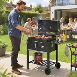Premie Houtskool Barbecue - Smoker Barbecue - Houtskoolgrill - met Deksel, Handgrepen, Thermometer, Wielen, Warmhoudrek, 2 Grillrooster - BBQ voor Kamperen, Buiten, Tuin - 113 x 65 x 108 cm - Zwart — thumbnail 4
