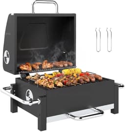 Premie Stalen Houtskool Barbecue - Smoker Barbecue - Draagbare Houtskoolgrill - met Deksel, Verstelbare Ventilatie, Houtskoolbak met 2 Niveaus, Thermometer - BBQ voor Kamperen, Buiten, Tuin - 74,5 x 54 x 46 cm - Zwart — thumbnail 3
