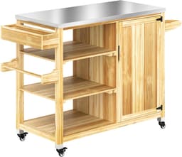 Buitenkeuken op Wielen – BBQ Trolley – Met Opbergkast & Planken – Werktafel voor Buiten – Hout & Metaal – Multifunctioneel – Natuurlijk hout — thumbnail 1