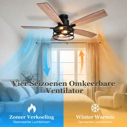 Rosnek Industriële Plafondventilator met Lamp - 132cm Zwart Kooi Design - Stille Plafondventilator Hout - Zomer en Winterstand - Slaapkamer/Patio — thumbnail 5