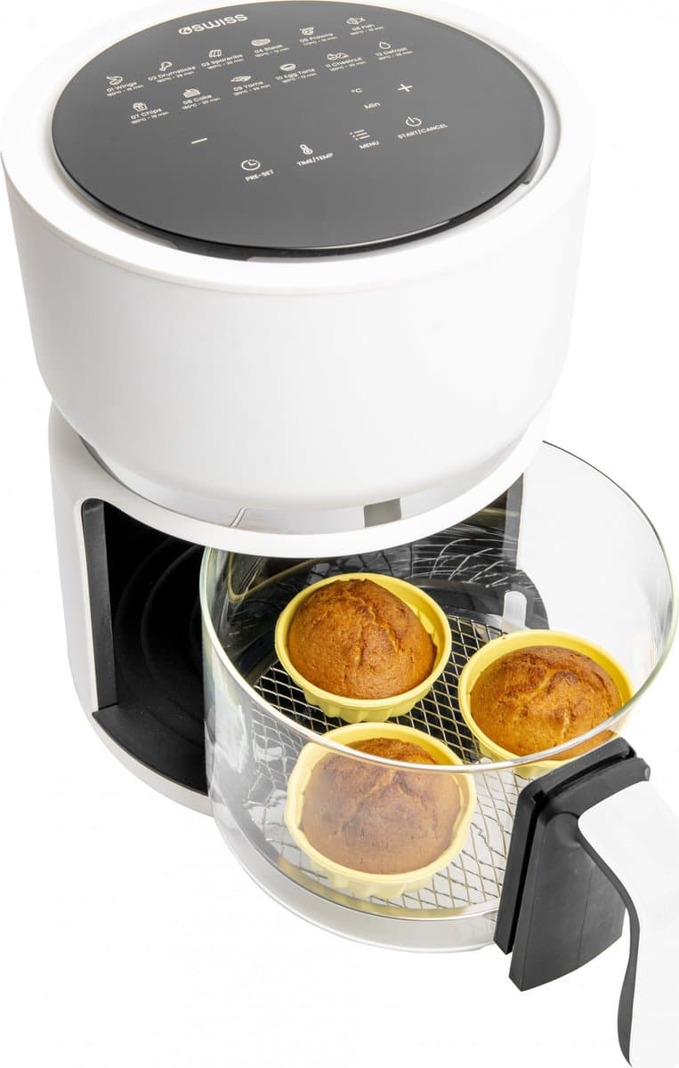4SWISS ABB-G24 Pure Glass - Airfryer - Heteluchtfriteuse - 1200W - 3L - Touchscreen - Glazen bak - Wit — afbeelding 1