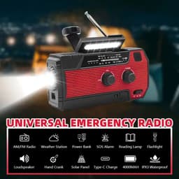 Yarvu ® Noodradio Solar Opwindbaar INCLUSIEF 32 Pack AAA batterijen - Penlite - 6 IN 1 SOS + Zonneenergie - Bouwradio - USB C + Nood Radio - Noodpakket Oplaadbaar ( Accu ) - 4000 MAH - Voor Noodrantsoen - Rampen - Draagbare - FM AM - Rood — thumbnail 5