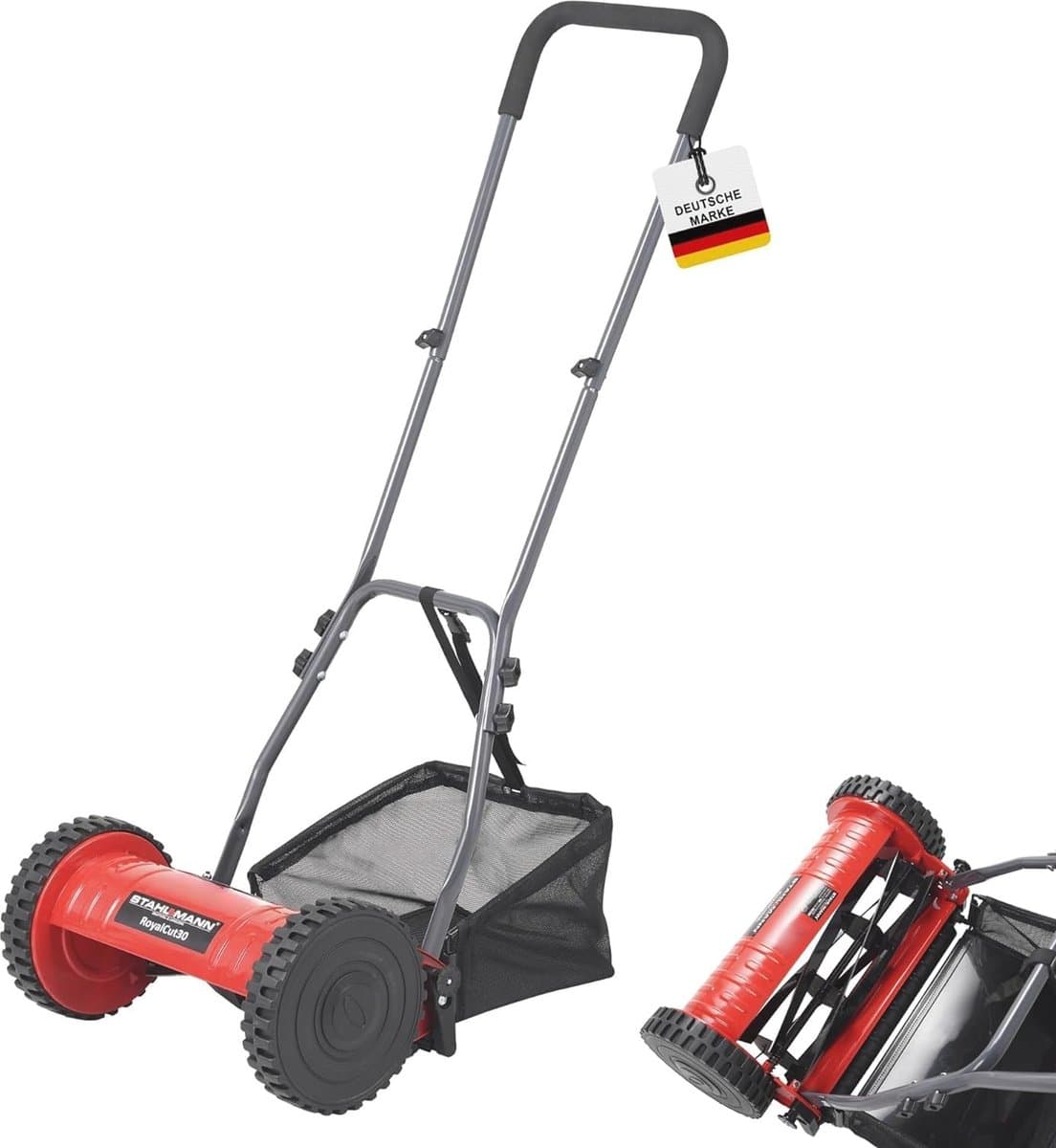 Kooimaaier met 30 cm maaibreedte en 27 liter opvangmand - Handmatige grasmaaier met 4-traps maaihoogte-instelling, stil en milieuvriendelijk — afbeelding 1