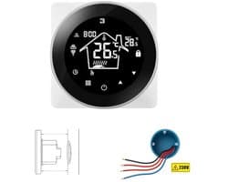 Slimme thermostaat | Zwart | Elektrische vloerverwarming | Wifi met Tuya Smart Life | Touchscreen | Inbouw | 16A