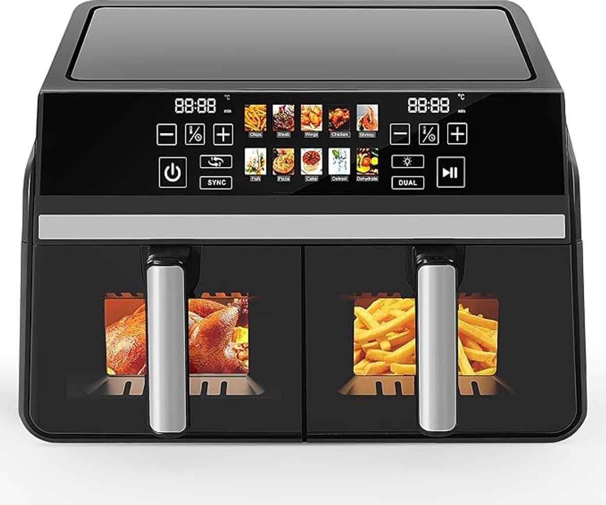 NETTLIFE Dubbele Kamer Heißluftfritteuse 10L (5+5L) – Dual Zone Airfryer met Venster – SYNC & DUAL Functie – 2200W Touchscreen – 24h Timer – Vaatwasserbestendig – Zwart — afbeelding 1