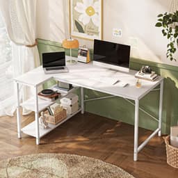 L-vormig computerbureau - Wit computerbureau - Houten bureau met open planken - 120 cm - Hoekbureau met planken Studiebureau Houten hoekbureau, geschikt voor studeerkamer, slaapkamer of thuiskantoor — thumbnail 4