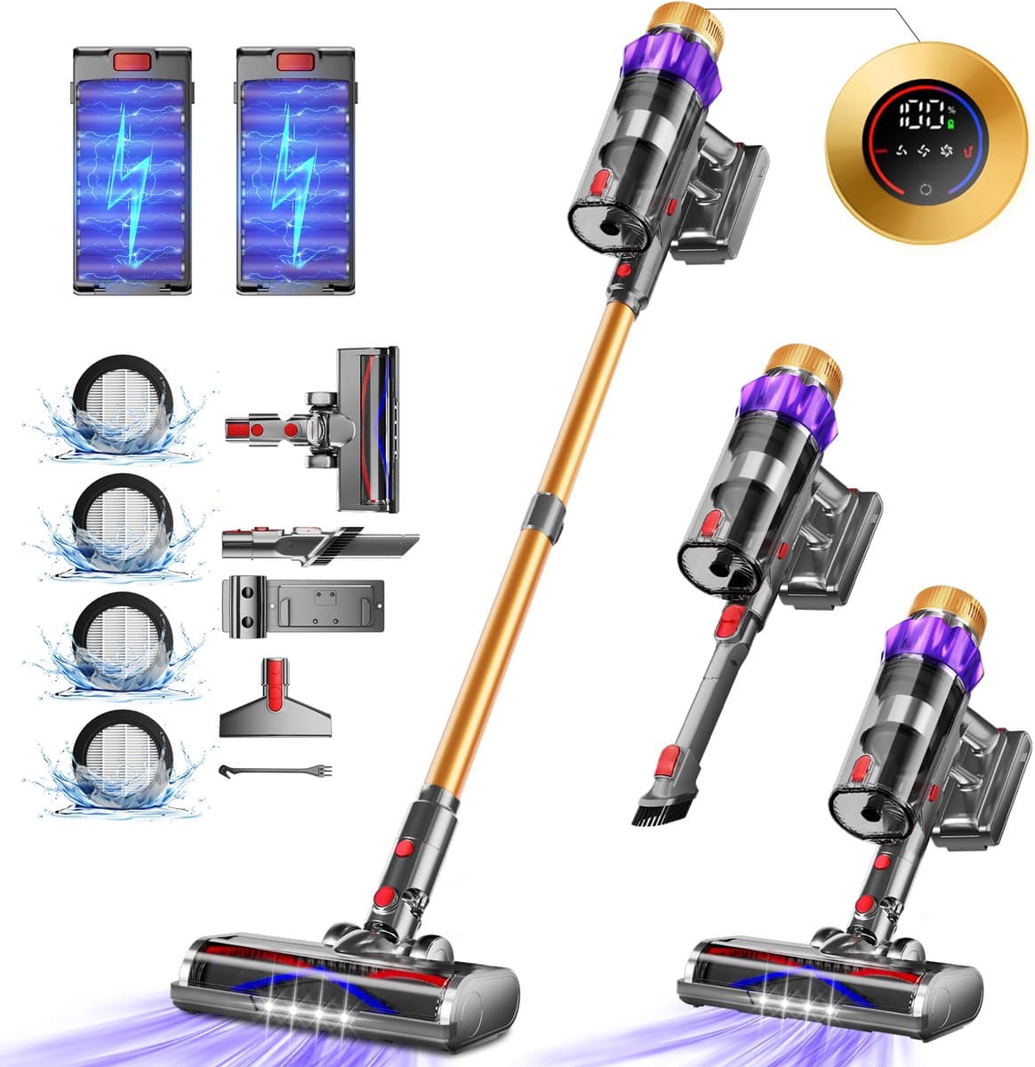 Elekiatech Steelstofzuiger - Steelstofzuiger Draadloos - Met 2 Accu’s - 70000Pa - 3 Standen Zuigkracht - LED-Display - 2200 mAh Accu - 20–70 Min Werktijd - 1,8L - Met Meubelborstel - Voor Tapijt, Harde Vloeren en Dierenharen - Gold — afbeelding 1