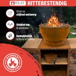 HEAT Outdoor Living Barbecue Buitenkeuken – Roestkleur – Vuurschaal Ø56 cm – Grillrooster & Plancha – Opbergvakken en Zijplankjes — thumbnail 5
