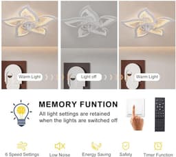 Plafondventilator met Licht en Afstandsbediening - Dimbaar, Stil met 6 Snelheden voor Woonkamer, Slaapkamer, Keuken — thumbnail 3