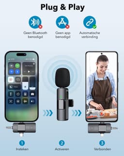 Draadloze Lavalier Microfoon 2 Stuks met Beschermcase – Plug & Play – Bluetooth – USB-C & Lightning – Mini Dasspeldmicrofoon – Microfoon Draadloos — thumbnail 2