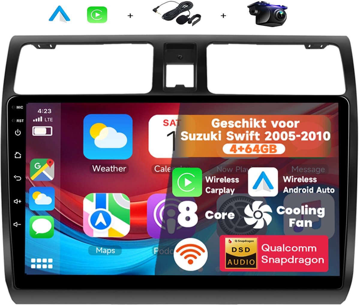 Boscer Autoradio - Geschikt voor Suzuki Swift 2005-2010 - Apple Carplay & Android Auto (Draadloos) - Android 15 - 8-Core 4+64GB - Interne Koeler - 10.1 Inch HD IPS Touchscreen - GPS Navigatiesysteem - USB, WiFi & MP5 - Achteruitrijcamera & Microfoon — afbeelding 1