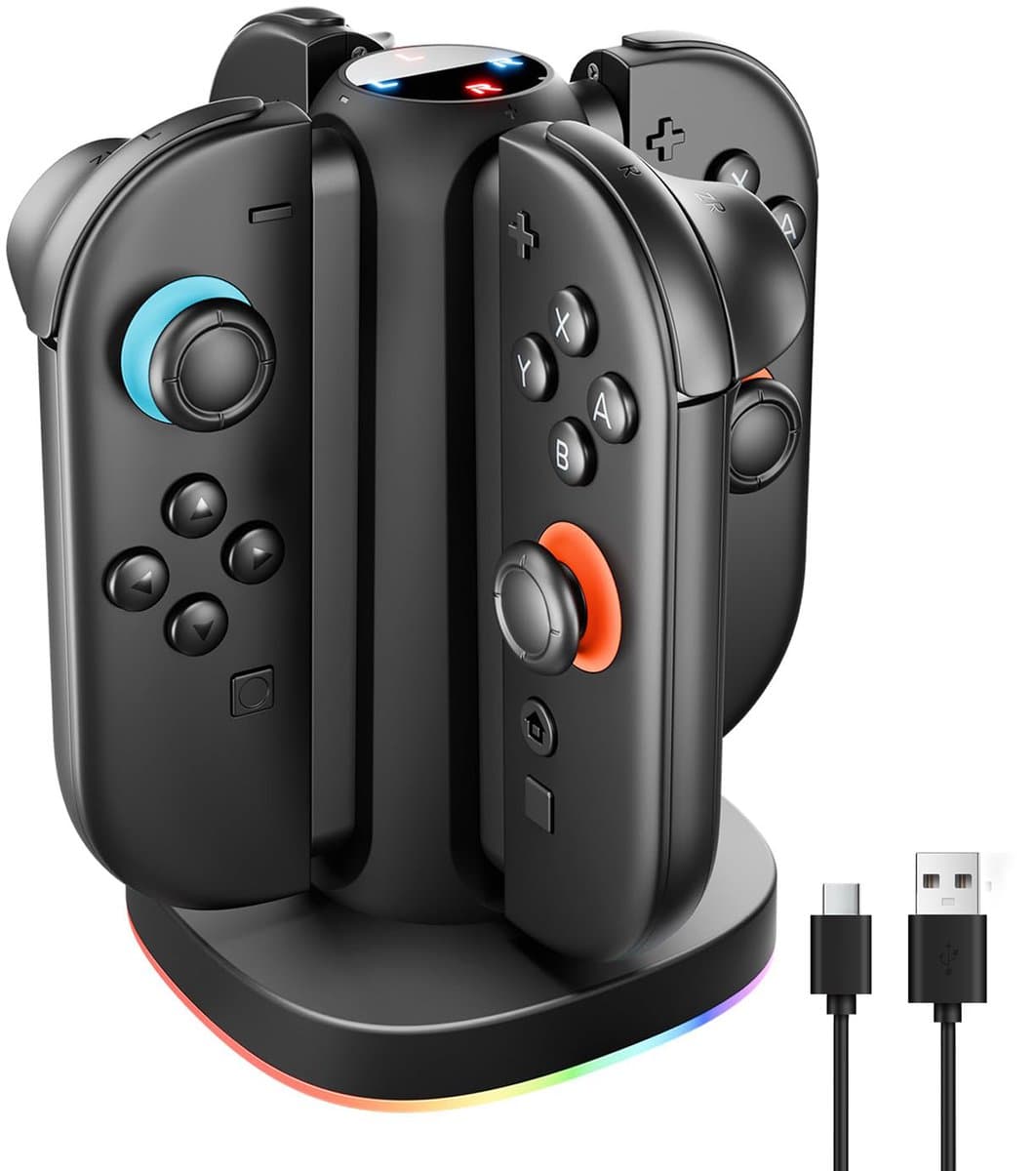 YONO Oplaadstation geschikt voor Nintendo Switch 2 Joy-Con - 4 Controllers - Oplader Dock - Quad Charger - Zwart — afbeelding 1