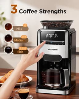 Aigostar Savor - Koffiezetapparaat met Bonenmaler - 1.5L - 12 Kopjes - Instelbare Sterkte - Digitaal Display - Warmhoudfunctie - 24u Timer - 1400W - Zwart — thumbnail 2