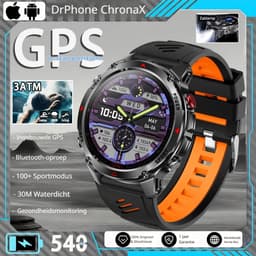 DrPhone ChronaX Titan GPS Smartwatch – Bluetooth Bellen – Waterdicht – Hartslag/Slaap/Bloedzuurstof metingen – 1.46' HD – Heren Dames - Led licht - Nederlands App + Horloge taal - Zwart — thumbnail 2