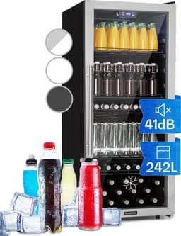 Klarstein Drankkoeler minikoelkast met glazen deur, minikoelkast voor op de kamer, kleine met verstelbare schappen, kleine koelkast van 242 liter, stille koelkast voor binnen en buiten - Drankkoelkast Drankenkoelkast - Touch Display - RVS — thumbnail 1