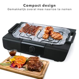 Elektrische Tafel Barbecue - Grillplaat 42x24 cm - Afneembaar Grillrooster - RVS - Kunststof - 50,5x36,5x9cm - Met Metalen Waterreservoir - Verstelbare Thermostaat - Veiligheidsvergrendeling - 2000 Watt - Elektrische BBQ - Tafelmodel — thumbnail 3
