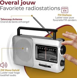 Caliber Noodradio met Zaklamp - Draagbare radio - Werkt op batterijen en op Netstroom - Retro radio - FM radio - Keukenradio - Noodradio Denk Vooruit - Handvat - Koptelefoonaansluiting - Zilver (HPG317-R) — thumbnail 3
