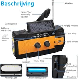 Dutchers® Noodradio 4000 mAh - Solar Opwindbaar - Opwindbare Radio - Survival - Dynmo en Zonnepaneel - Powerbank - Dynamo Radio - Zaklamp - Noodpakket - Telefoon opladen — thumbnail 2