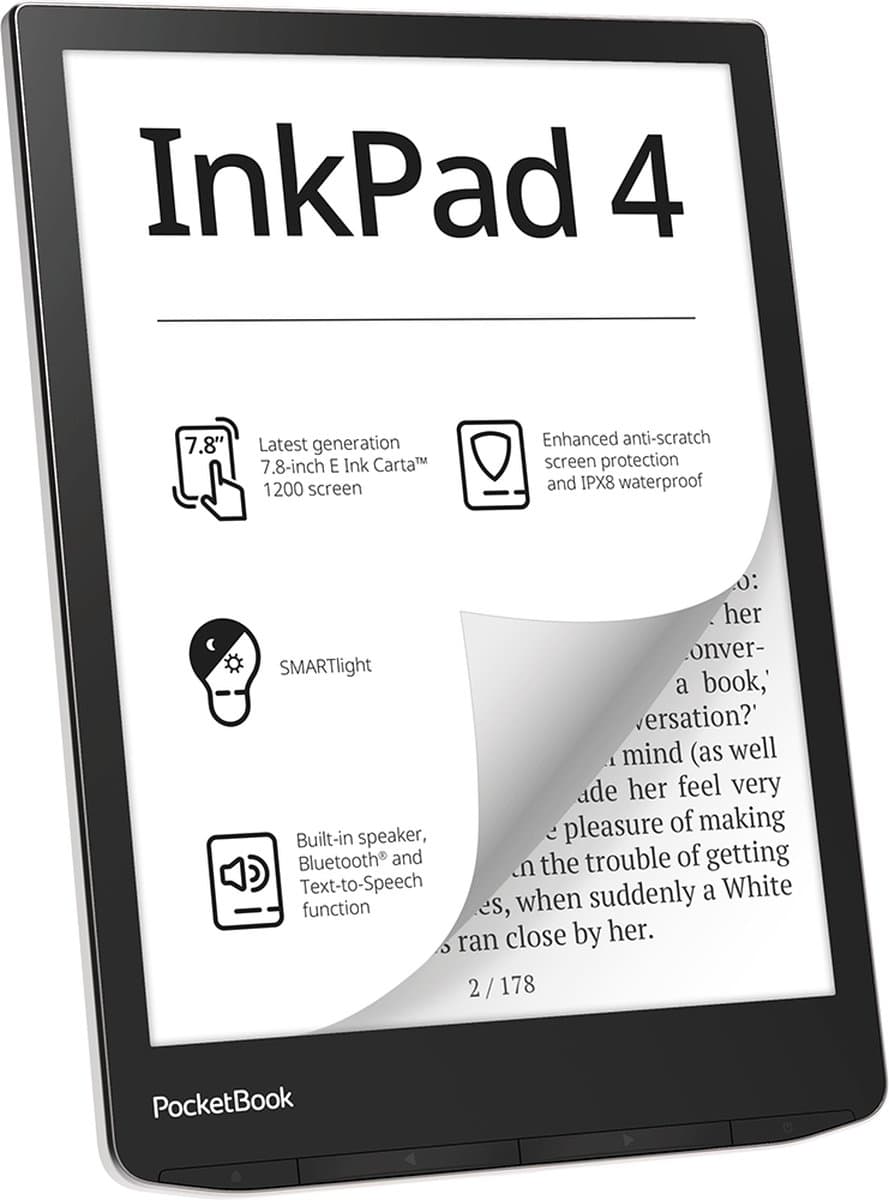 PocketBook InkPad 4 e-reader – 7.8 inch E Ink Carta 1200-scherm – 32 GB – waterdicht – Stardust Silver — afbeelding 1