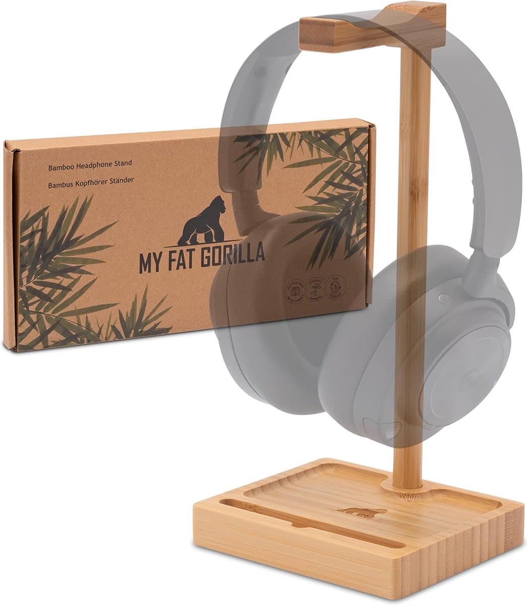 MY FAT GORILLA Headset Houder Bamboe | Koptelefoon Houder van Hout | Standaard Koptelefoon | Hoofdtelefoon Stand | Koptelefoonhouder met Opberglade | Headset Hanger | Headphone Stand — afbeelding 1