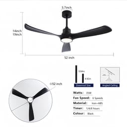 MODENUIT Plafondventilator – 132 cm – Met Verlichting en Afstandsbediening – ABS en IJzer – Zwart — thumbnail 5