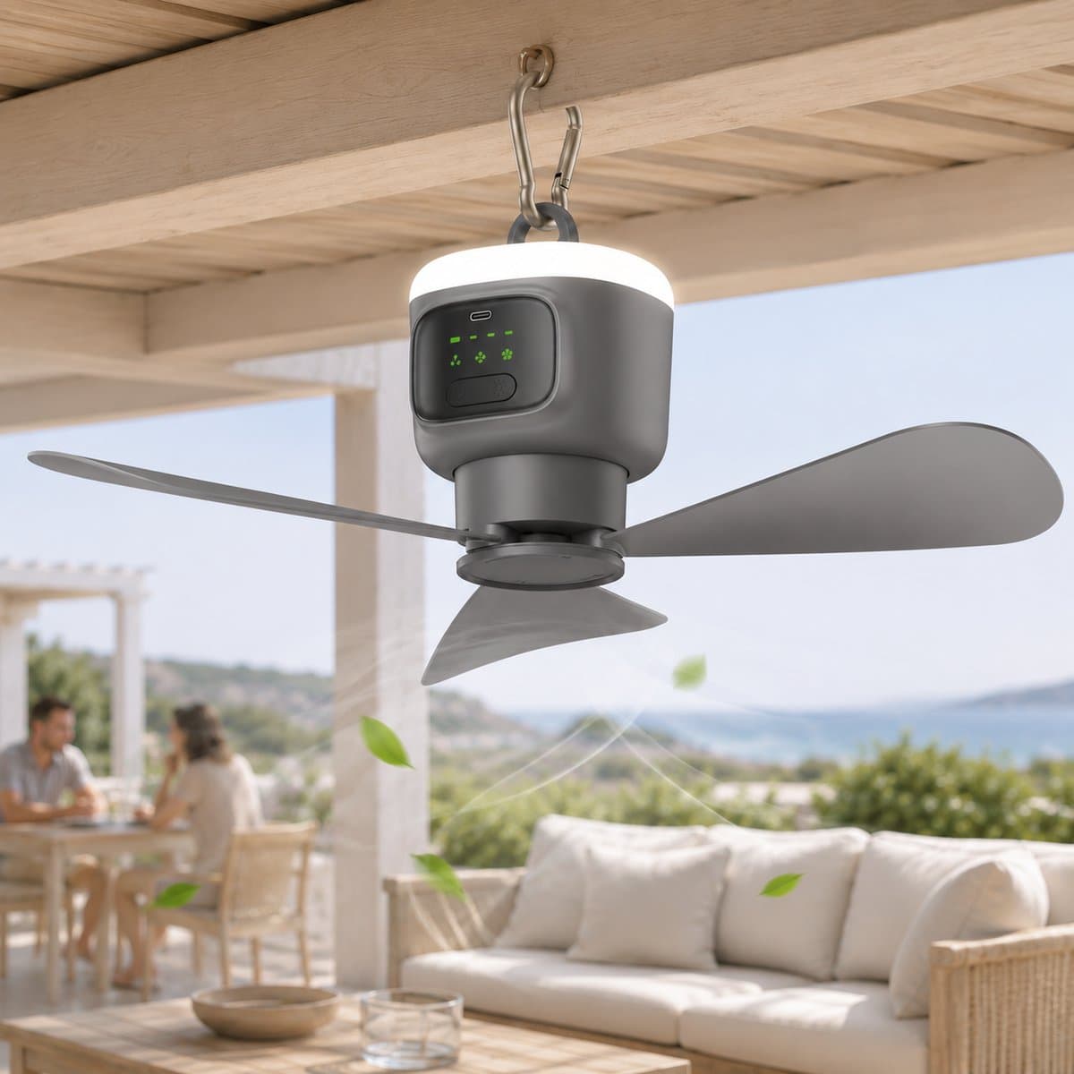 Lapamax Oplaadbare Hangventilator met Lamp - 12.000 mAh - 4 Snelheden - Afstandsbediening en Timer - Campingventilator voor Tent en Camper - Grijs - Ø 45 cm — afbeelding 1