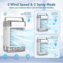 Aircooler met water of ijs-aircooler met koelelementen-verdampingskoele- 1000 ml draagbare airconditioner met afstandsbediening - Krachtige verdampingsairconditioner met 3 snelheden en 7 kleuren LED met timer- Grijs - 19 x 15,6 x 28,6 cm — thumbnail 4