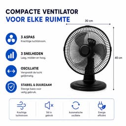 Celestul Tafelventilator 30 cm – Ventilator Zwart – 3 Snelheden – 90° Oscillatie – Verstelbare Kantelhoek – Stille Ventilator – Metalen Bladen – Bureauventilator — thumbnail 3