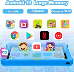 SnelShoppen - Kindertablet 10.1 inch Android 13 voor Kinderen, Schokbestendige Beschermhoes, 8 GB RAM, 128 GB ROM, 6000 mAh, Ouderlijk Toezicht, Dubbe — thumbnail 5