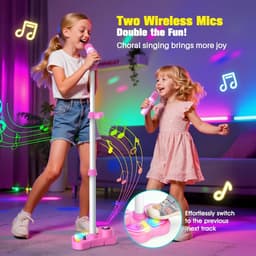 Karaoke Microfoonset voor Kinderen - Met Verstelbare Standaard, 2 Microfoons en LED-Verlichting - Bluetooth, USB, AUX & TF-Kaart — thumbnail 2