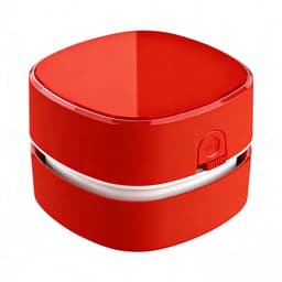 Rode compacte bureaustofzuiger met AA-batterijvoeding (zonder batterijen), lange looptijd en 360° draaibare reinigingskop, ruimt bureaustof en gumresten op, ideaal voor thuis, school, kantoor en als kindercadeau — thumbnail 1