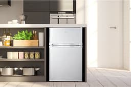 MEDION Mini koel-vriescombinatie (85 liter, 61L koelgedeelte, 24L vriesgedeelte, vrijstaand, 40 dB, transparante groentelade, deurscharnier verwisselbaar, MD 37689) wit — thumbnail 5