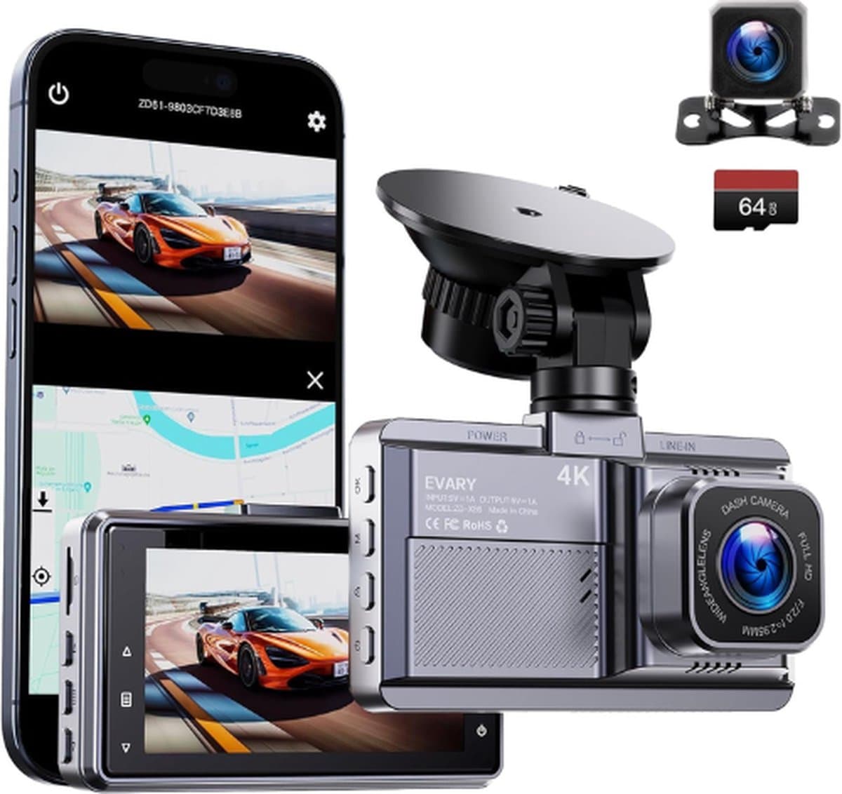 EVARY® Dashcam Voor Auto - Dual Dashcam Voor Auto - Dashcam Auto - Dashcam Voor Auto Voor en Achter - Dashcam Auto Voor en Achter - Dashcam Voor Auto Met Wifi - Dashcam Wifi — afbeelding 1