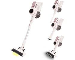 VANJOOL® Steelstofzuiger Draadloos – 120W Krachtige Accu Stofzuiger – 2-in-1 Kruimeldief – 9 kPa Zuigkracht – Zakloos – Inclusief 3 Opzetstukken – CleanDetect Technologie – Wit / Roze