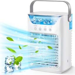 3-in-1 Miniventilator – 21 × 16,5 × 12,2 cm – Luchtkoeler - Luchtbevochtiger – Voorzien van 700 ml watertank met vulopening aan de bovenzijde – Draagbare – Nachtlampje met 7 kleuren – Timerfunctie (2/4/6 uur) – Fluisterstille werking – Wit — thumbnail 1
