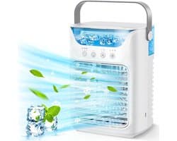 3-in-1 Miniventilator – 21 × 16,5 × 12,2 cm – Luchtkoeler - Luchtbevochtiger – Voorzien van 700 ml watertank met vulopening aan de bovenzijde – Draagbare – Nachtlampje met 7 kleuren – Timerfunctie (2/4/6 uur) – Fluisterstille werking – Wit