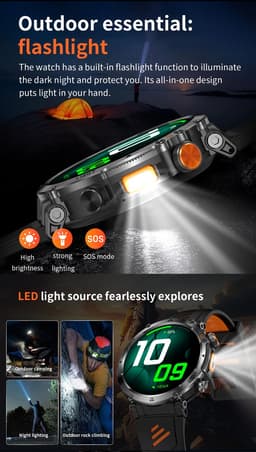 Knobbout GPS Smartwatch 1.7" (4,3 cm) Scherm met LED Zaklamp – 850mAh Batterij | IP68 Waterdicht | Kompas, Hoogtemeter & Barometer | Outdoor Sport Horloge met Bluetooth Bellen - Zwart — thumbnail 2