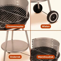 Cheqo® Houtskool Barbecue - BBQ - Houtskoolbarbecue - Ronde Barbecue - Tuinbarbecue - Houtskool Grill - BBQ op Wielen - Verrijdbare Barbecue met Onderrek - Dubbel Grillrooster - Voor Houtskool en Briketten - Voor Tuin en Camping - Zwart — thumbnail 5
