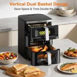 Airfryer Dubbele Mand - Heteluchtfriteuse Duo - Gezonde Maaltijden - Verticaal Compact Design - 4+8 Liter - Zwart — thumbnail 5