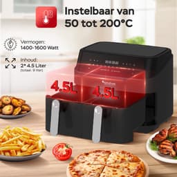 Turbotronic DAF5 Dubbele Airfryer XXL DualChef - 9L - Heteluchtfriteuse - Dubbele Mand - 2 x 4.5L - 50ºC tot 200ºC - 12 Kookprogramma's - Zwart — thumbnail 3